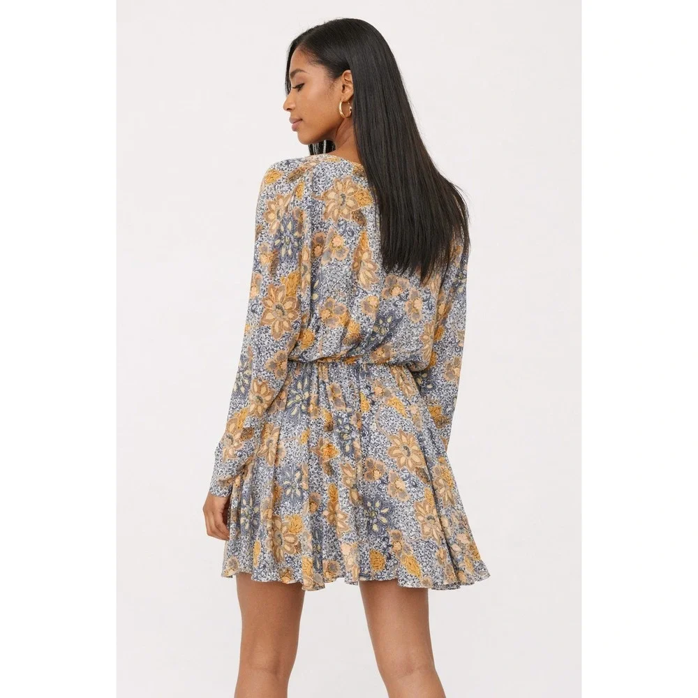 Free People Teegan Mini Dress Medium Blue Yellow‎ Floral Boho Flowy